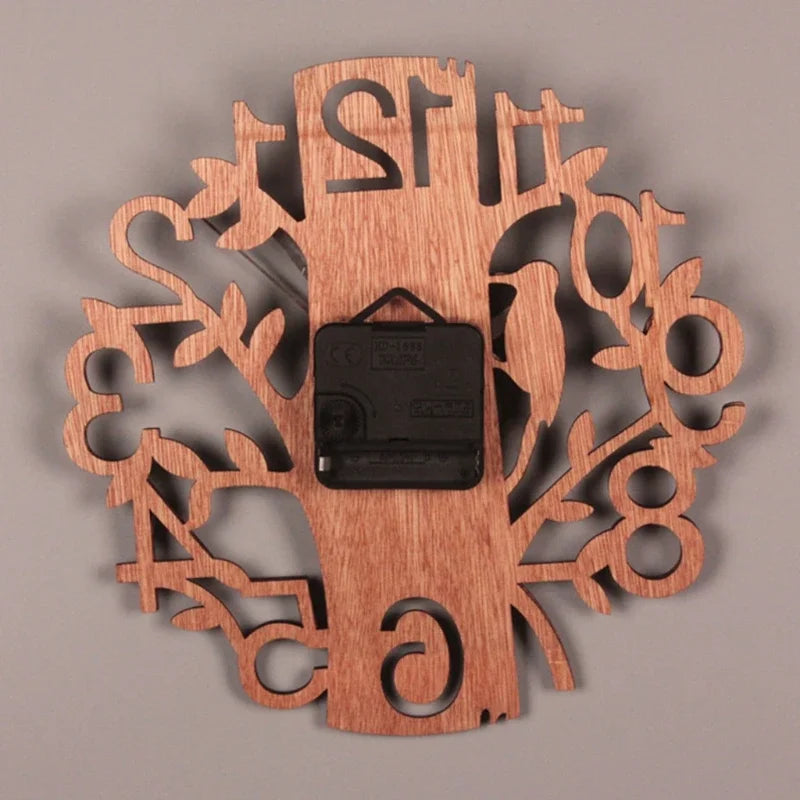 3D Wall Clock 23cm Dia Creative  Tree Shaped with Bird Wooden Wall Clock Home Kitchen Office Decoration Number Silent Clock