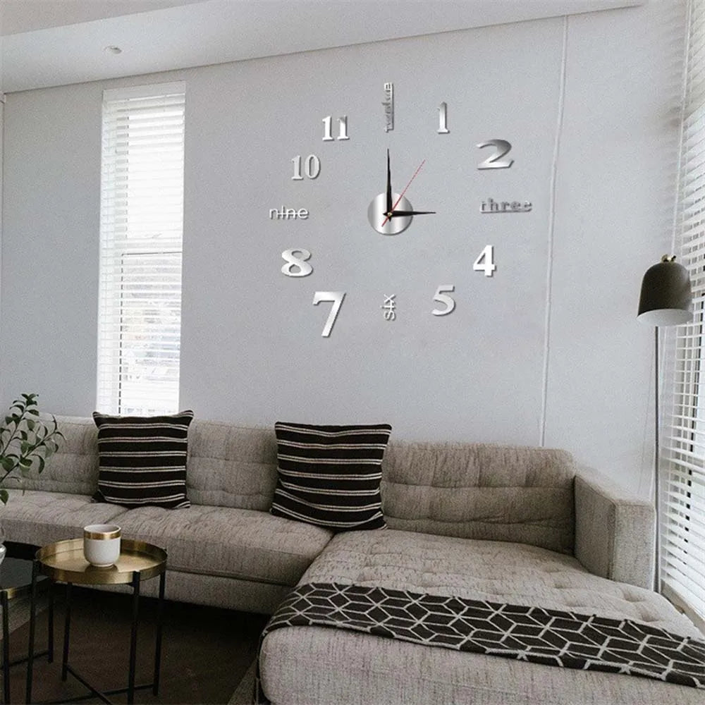 3D Wall Clock DIY Mirror Wall Stickers For Home Living Room Decor Frameless Luminous Quartz Clocks Self Adhesive Hanging Watches