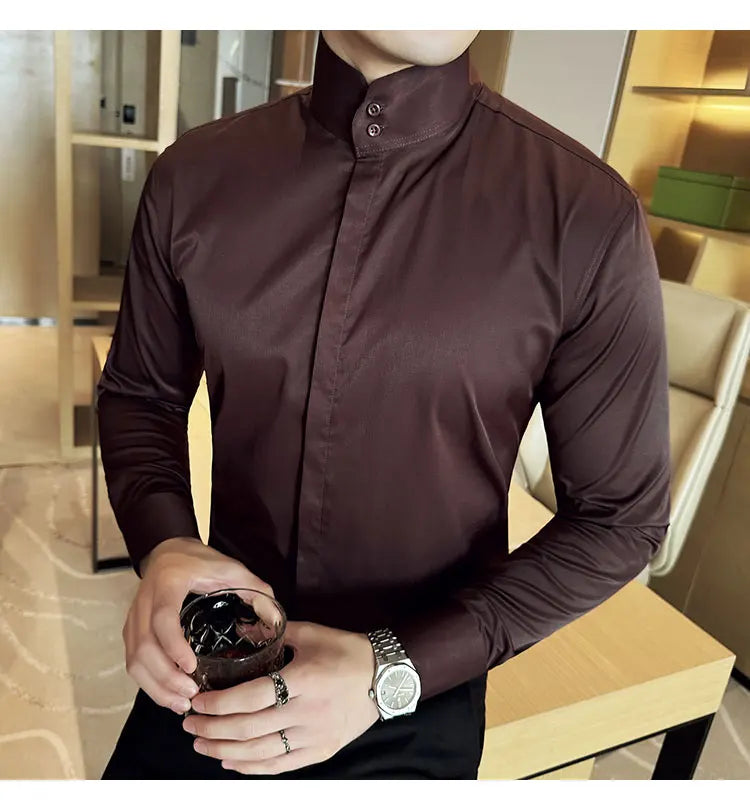 Mens Slim Fit Stand Shirt Fashion High collar Shirts Men Spring Autumn Solid Color Long Sleeve Korean Style Smart Casual Shirts