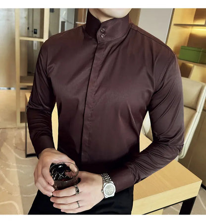 Mens Slim Fit Stand Shirt Fashion High collar Shirts Men Spring Autumn Solid Color Long Sleeve Korean Style Smart Casual Shirts