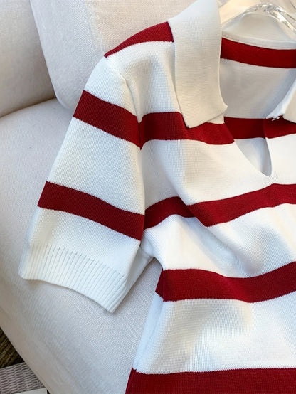 2026 New Striped Pattern Collared Sweater Versatile Short Sleeve Knitted Top For Spring & Summer Women's Clothing Crop Top