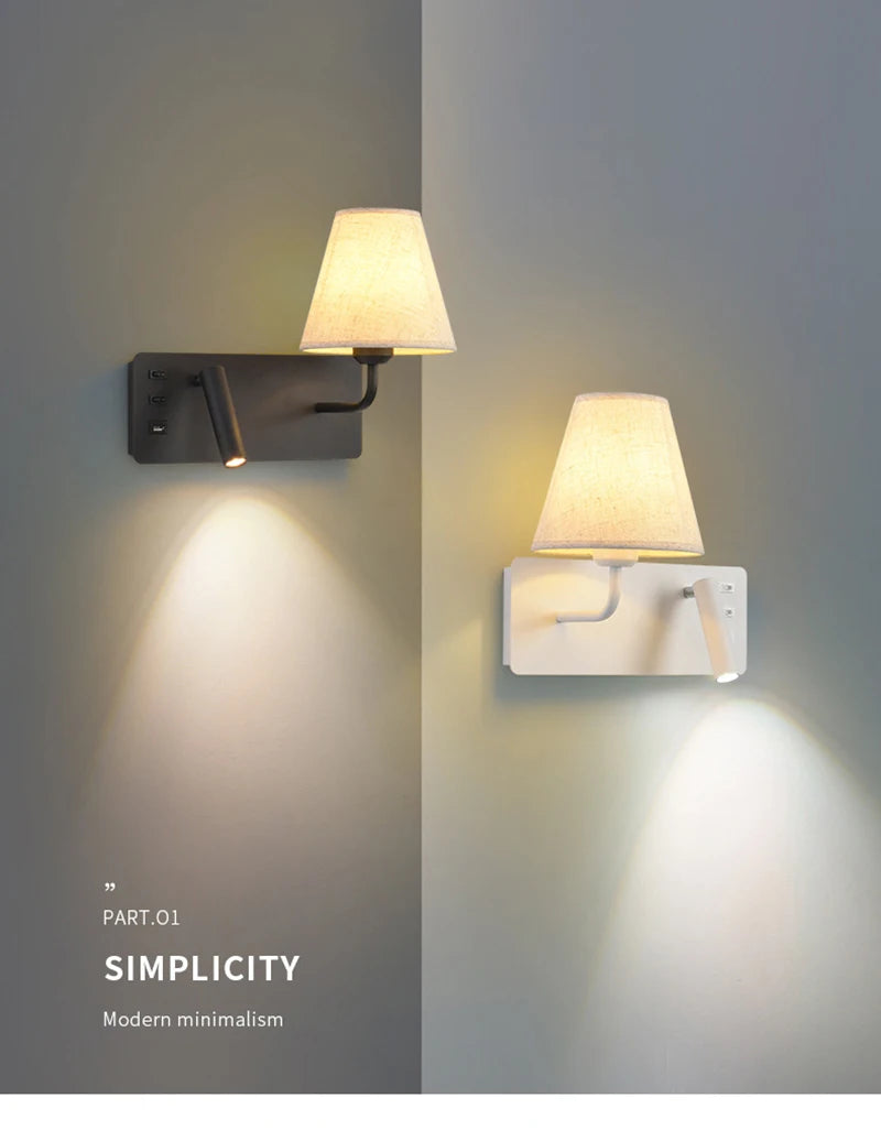 Nordic LED Wall Lamp Modern with Switch USB Wall Light Indoor Light Room Decor Reading Sconces For Hotel Bedside Bedroom Fixture