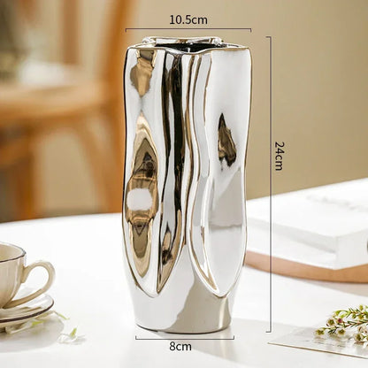 Ceramic Vase Luxury Electroplated Silver Flower Arrangement Irregular Porcelain Hydroponic Vase Ornament Interior Art Decoration