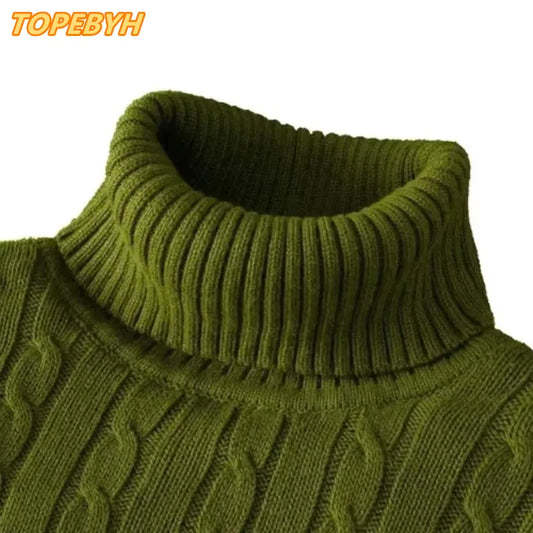Men's High Neck Sweater Solid Color Pullover Knitted Warm Casual Turtleneck   Men Clothes