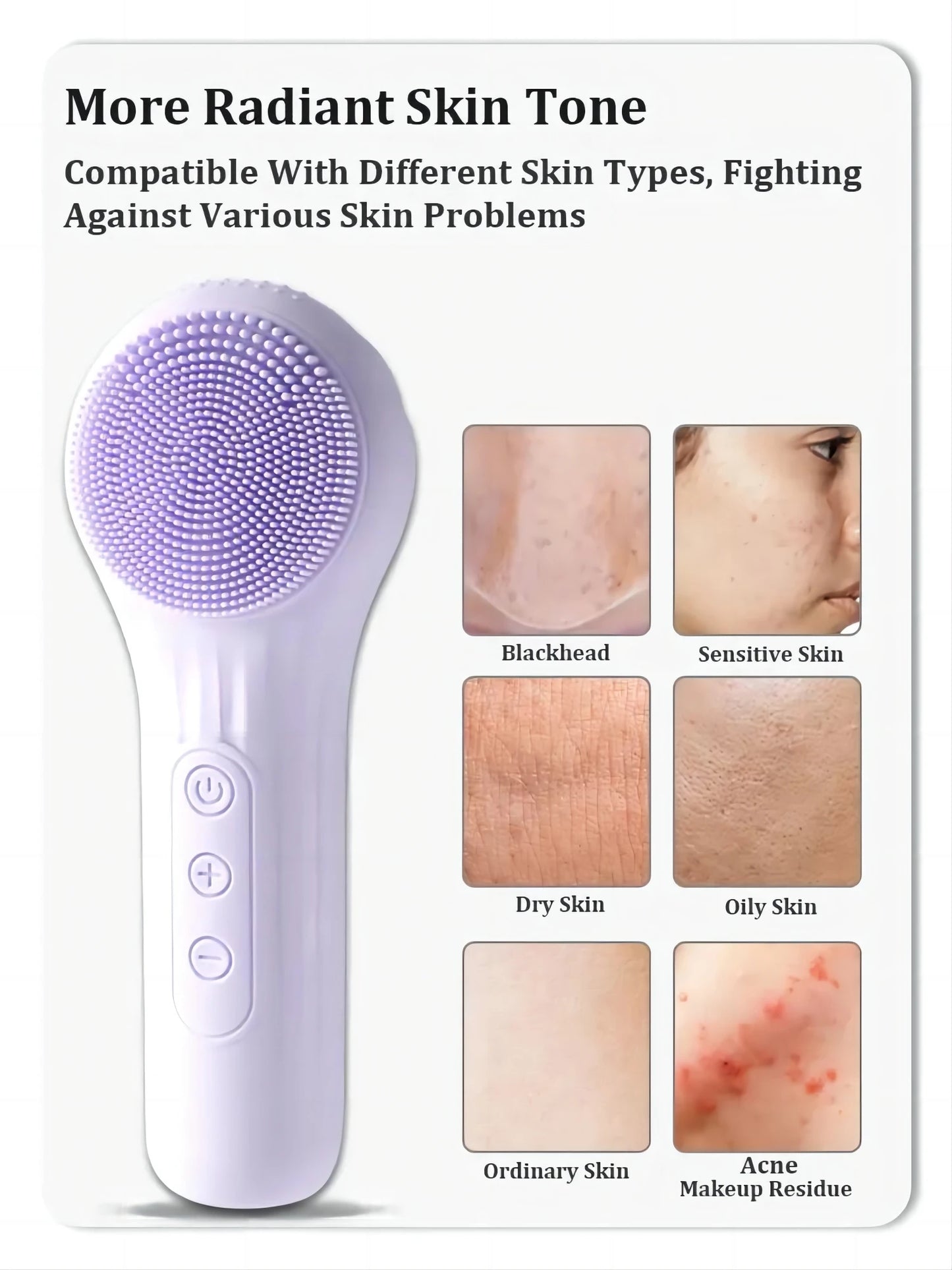 Silicone Face Scrubber Electric Facial Cleansing Brush with Heating Vibration Waterproof Face Wash Brush with 5 Speed Adjustable