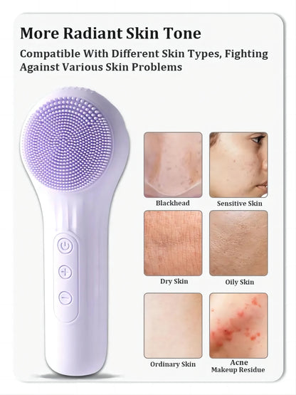 Silicone Face Scrubber Electric Facial Cleansing Brush with Heating Vibration Waterproof Face Wash Brush with 5 Speed Adjustable