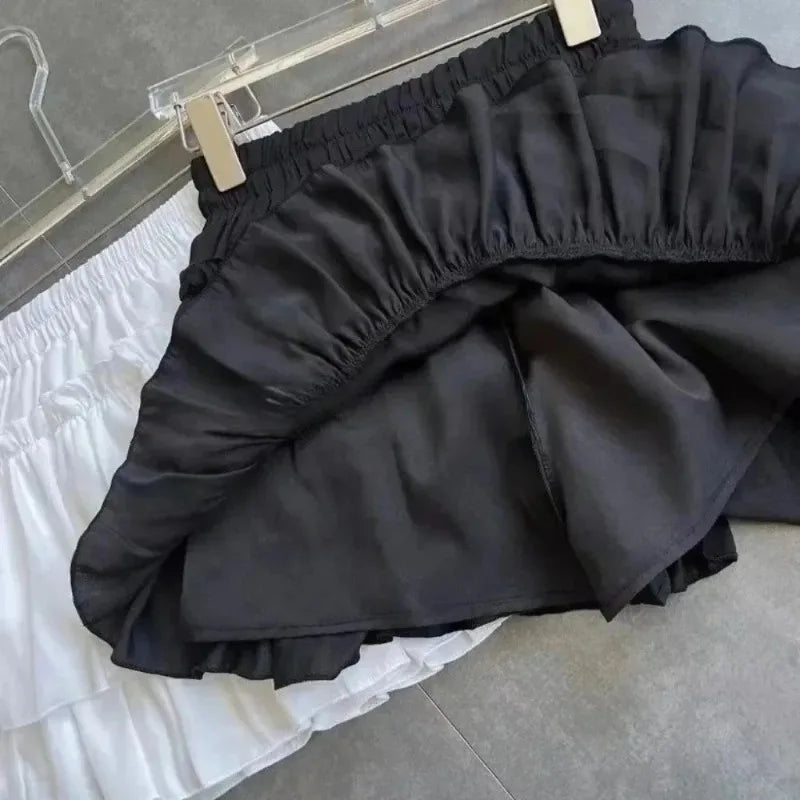 Summer Kawaii Mini A-line Skirt Adorable Flirty High Waist Ruffle Patchwork Lolita Ball Gown Y2K Korean Sweet Women's Clothing