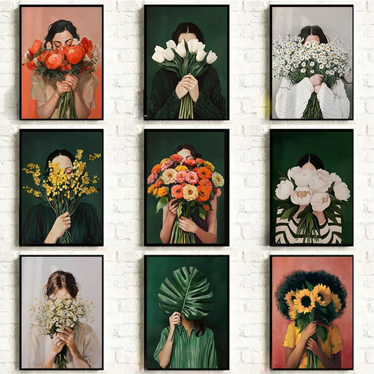 Canvas Wall Art Woman with Flower Portrait Painting Print for Bedroom Nordic Girl Home Decor Abstract Minimalism Poster