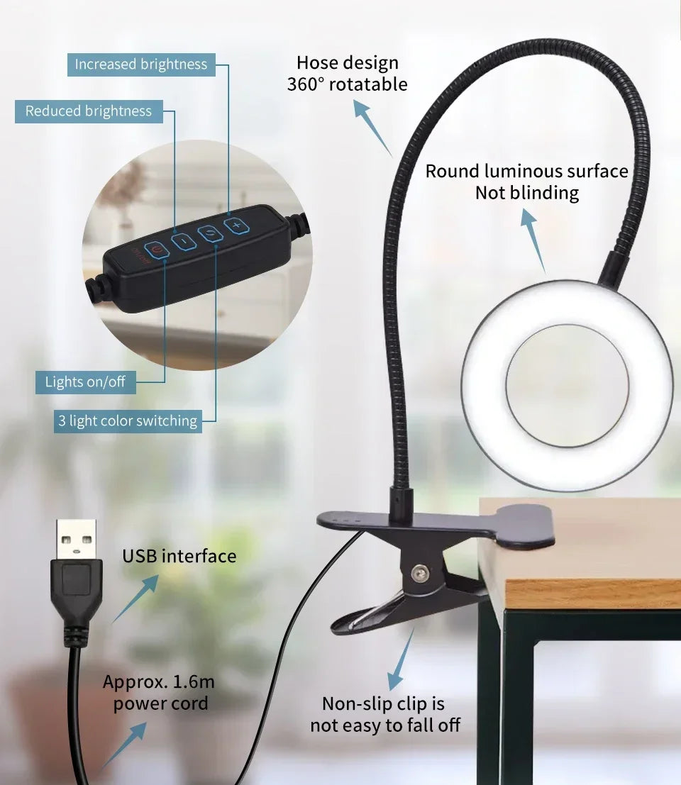 LED Desk Clip Study Lamp USB 3 Colours Adjustable Bedside Desk Night Lamp Multi-purpose Flexible Black Reading Lights