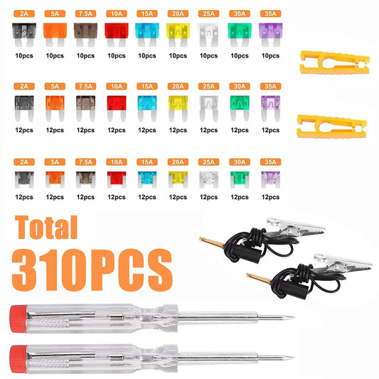 310PCS Truck SUV Car Assorted Replacement Blade Fuses with 2 Car Fuse Testers and 2 Fuse Pullers