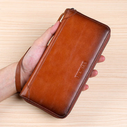 Men's leather wallet long new soft cowhide handbag travel light luxury simple large capacity anti-theft brush gradient color yel