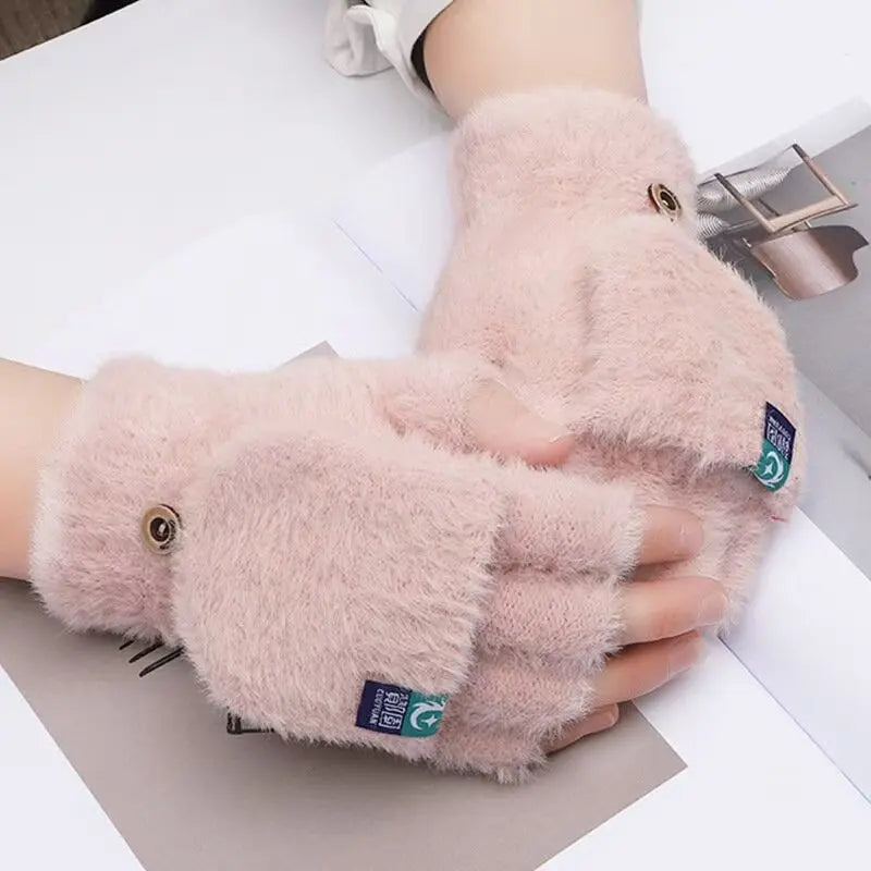 Fashionable Half Finger Gloves Suitable for Women's Soft and Warm Winter Luxurious Solid Color Plush Knitted Fingerless Gloves