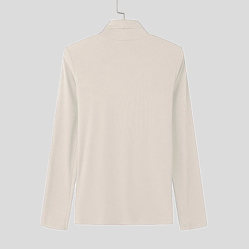 Stretch Slim Fit Bottoming T Shirts Mens Spring Trendy Irregular Button Design T-shirts Fashion Solid Color Men Turtleneck Tees