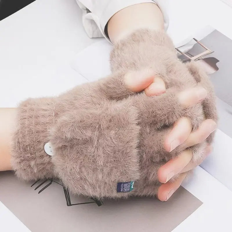 Fashionable Half Finger Gloves Suitable for Women's Soft and Warm Winter Luxurious Solid Color Plush Knitted Fingerless Gloves