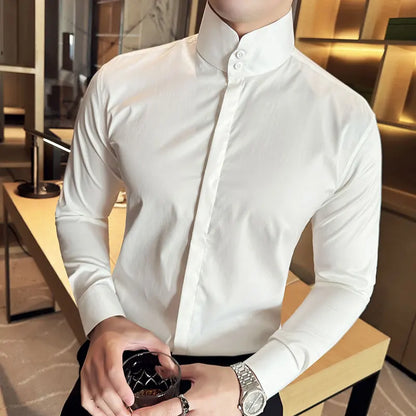 Mens Slim Fit Stand Shirt Fashion High collar Shirts Men Spring Autumn Solid Color Long Sleeve Korean Style Smart Casual Shirts
