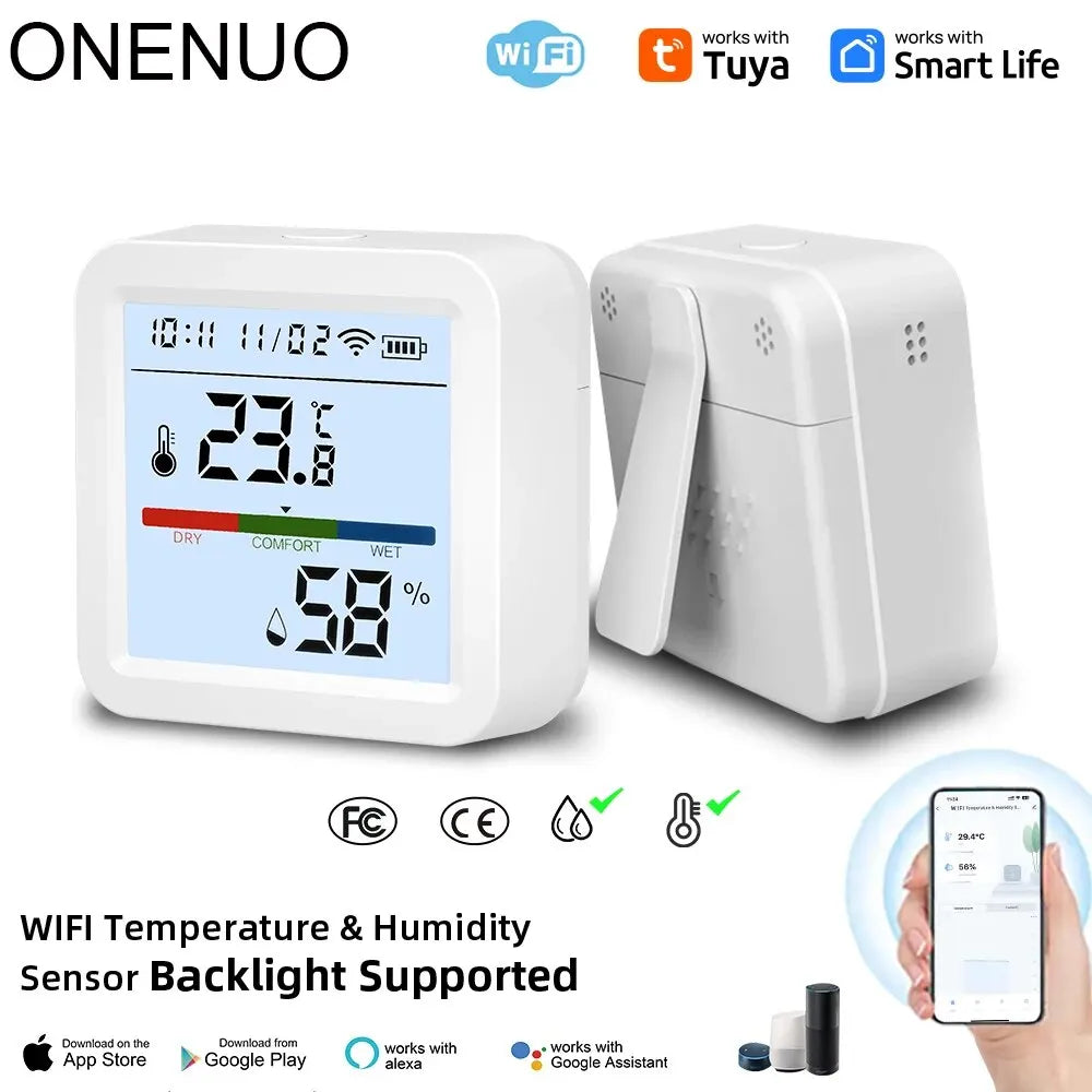 ONENUO Tuya WIFI Temperature Humidity Sensor Hygrometer Thermometer Smart Home Backlight Smart Life Support Alexa Assistant