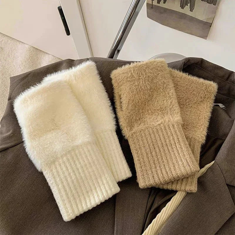 Autumn Winter Soft Mink Fleece Half Finger Gloves Women Plush Knitted Fingerless Gloves Wrist Mittens Driving Writting Gloves