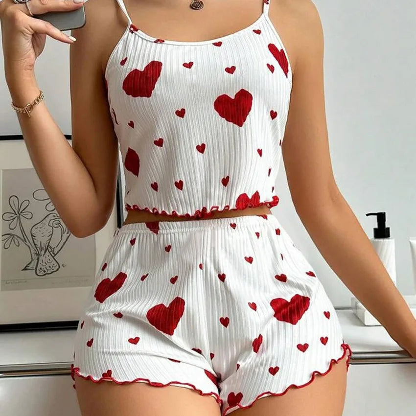 New Women's Pajama Set Knitted Love Printed Sweet Strap Shorts S M L White Breathable Casual Love Printed Home Pajama Set