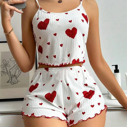 New Women's Pajama Set Knitted Love Printed Sweet Strap Shorts S M L White Breathable Casual Love Printed Home Pajama Set