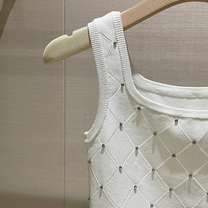 Sexy Diamond Rhinestone Vest Top Strapl Square Collar Base Knittedwear Breathable Pure Color Commute Sle Women's Tank Top