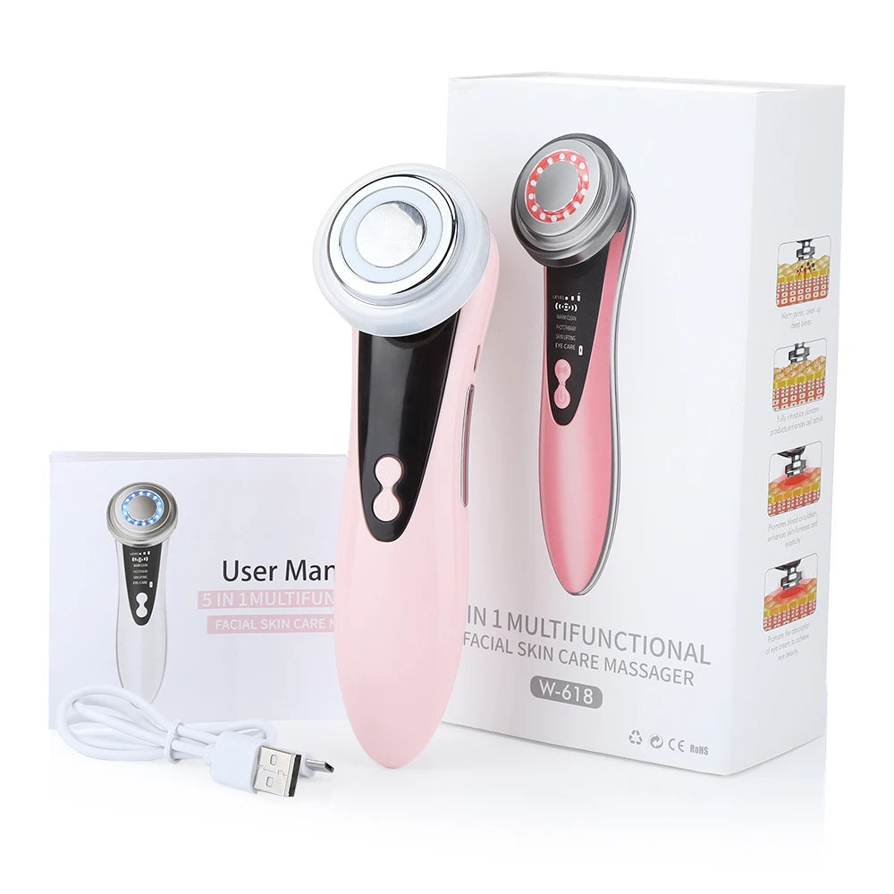 5 in 1 Warming and Cooling Microcurrent Facial Device Red Blue Light Photon Face Neck Massager Kit for Beauty Skin Care at Home