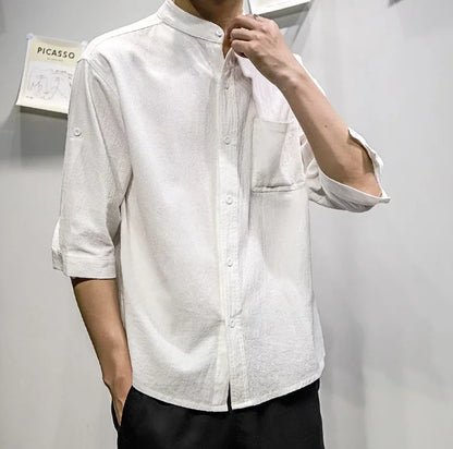 Man Shirt Linen and Cotton Oversize Shirts for Men Plain Half Sleeve Fashion 2025 Cheap Things with Comfortable Casual Tops I