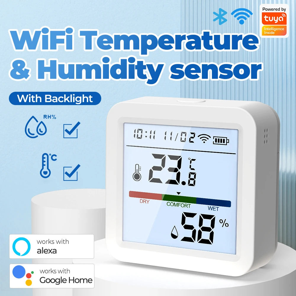 ONENUO Tuya WIFI Temperature Humidity Sensor Hygrometer Thermometer Smart Home Backlight Smart Life Support Alexa Assistant