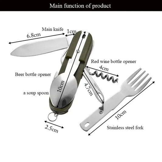 Stainless Steel 7 in 1 Camping Cutlery Set - Foldable Multifunctional Outdoor Tableware with Fork Spoon Knife for Picnic Hiking
