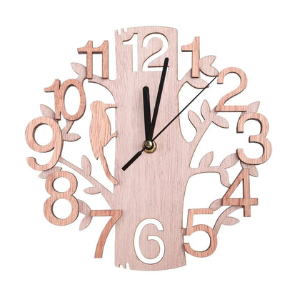 3D Wall Clock 23cm Dia Creative  Tree Shaped with Bird Wooden Wall Clock Home Kitchen Office Decoration Number Silent Clock