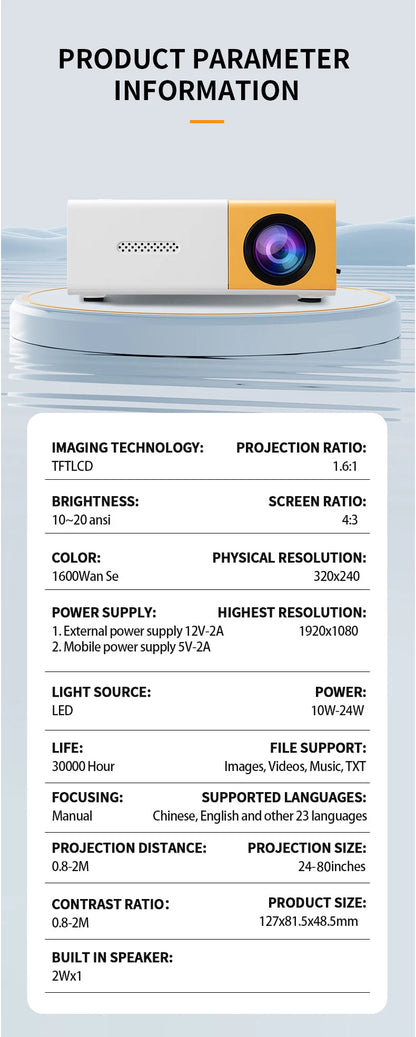 Portable mini projector, supports wired screen mirroring, support full HD 1080p, outdoor and indoor use, easily portable.