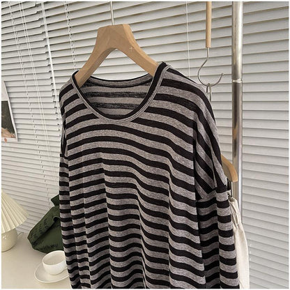 Korean Loose Long Sleeve Striped T-shirt Women's Clothing Spring Autumn Casual Fashionable Round Neck Pullovers Tops for Female