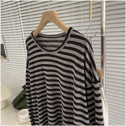 Korean Loose Long Sleeve Striped T-shirt Women's Clothing Spring Autumn Casual Fashionable Round Neck Pullovers Tops for Female