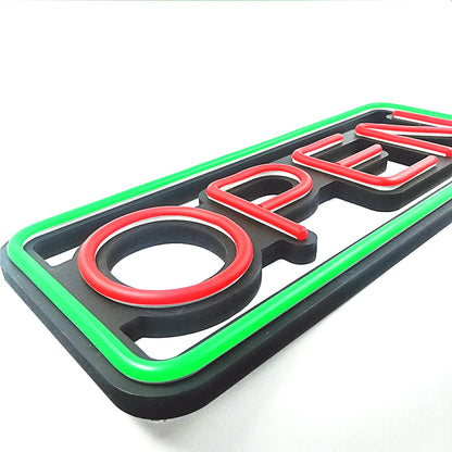 LED neon lights, store business signs, blue flashing lights, OPEN signs for shops and bars