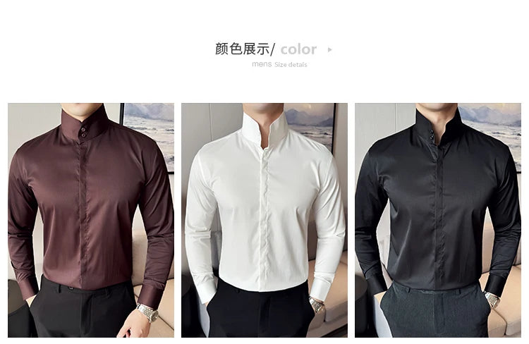 Mens Slim Fit Stand Shirt Fashion High collar Shirts Men Spring Autumn Solid Color Long Sleeve Korean Style Smart Casual Shirts