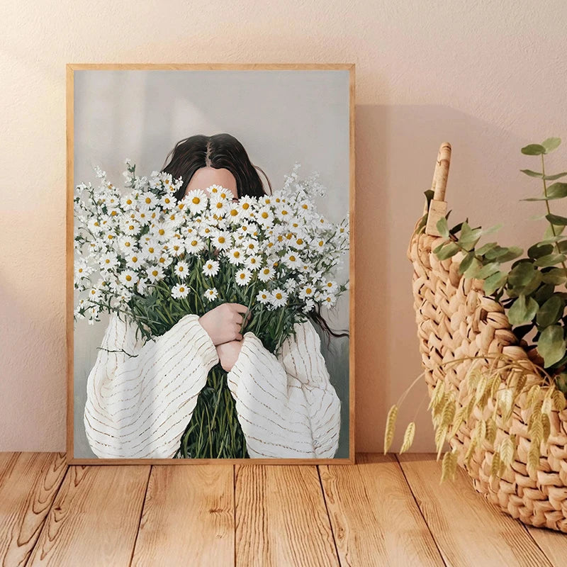 Canvas Wall Art Woman with Flower Portrait Painting Print for Bedroom Nordic Girl Home Decor Abstract Minimalism Poster