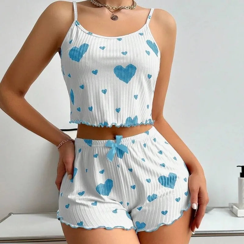 New Women's Pajama Set Knitted Love Printed Sweet Strap Shorts S M L White Breathable Casual Love Printed Home Pajama Set