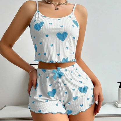 New Women's Pajama Set Knitted Love Printed Sweet Strap Shorts S M L White Breathable Casual Love Printed Home Pajama Set