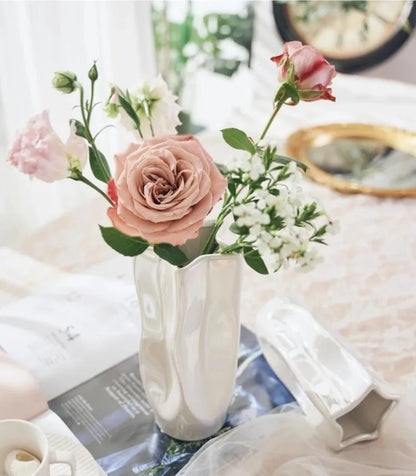 Ceramic Vase Luxury Electroplated Silver Flower Arrangement Irregular Porcelain Hydroponic Vase Ornament Interior Art Decoration