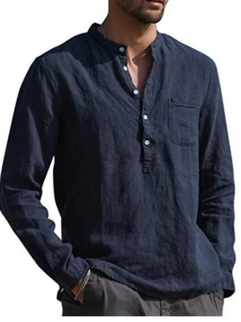 Men's Linen Long Sleeve Shirt - Stand Collar, Button-Front, Single Chest Pocket Casual Tops for Spring Summer