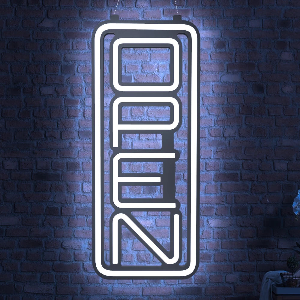 LED neon lights, store business signs, blue flashing lights, OPEN signs for shops and bars