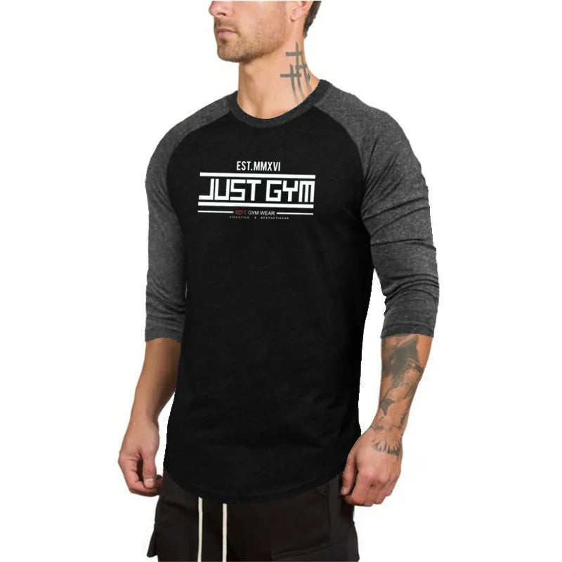 Men Slim Fit Sport Casual Sport T-shirts Gym Fitness Muscle Three Quarter Shirts Autumn Breathable Cotton Bodybuilding Clothing