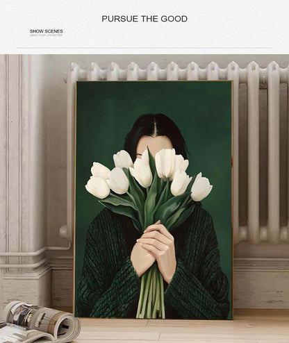 Canvas Wall Art Woman with Flower Portrait Painting Print for Bedroom Nordic Girl Home Decor Abstract Minimalism Poster