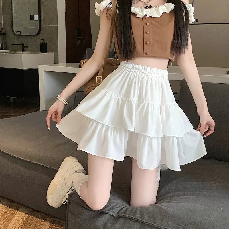 Summer Kawaii Mini A-line Skirt Adorable Flirty High Waist Ruffle Patchwork Lolita Ball Gown Y2K Korean Sweet Women's Clothing