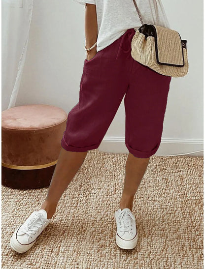 Shorts Women summer cotton linen elastic waist pocket elastic casual pants five quarter women's clothing YRW911