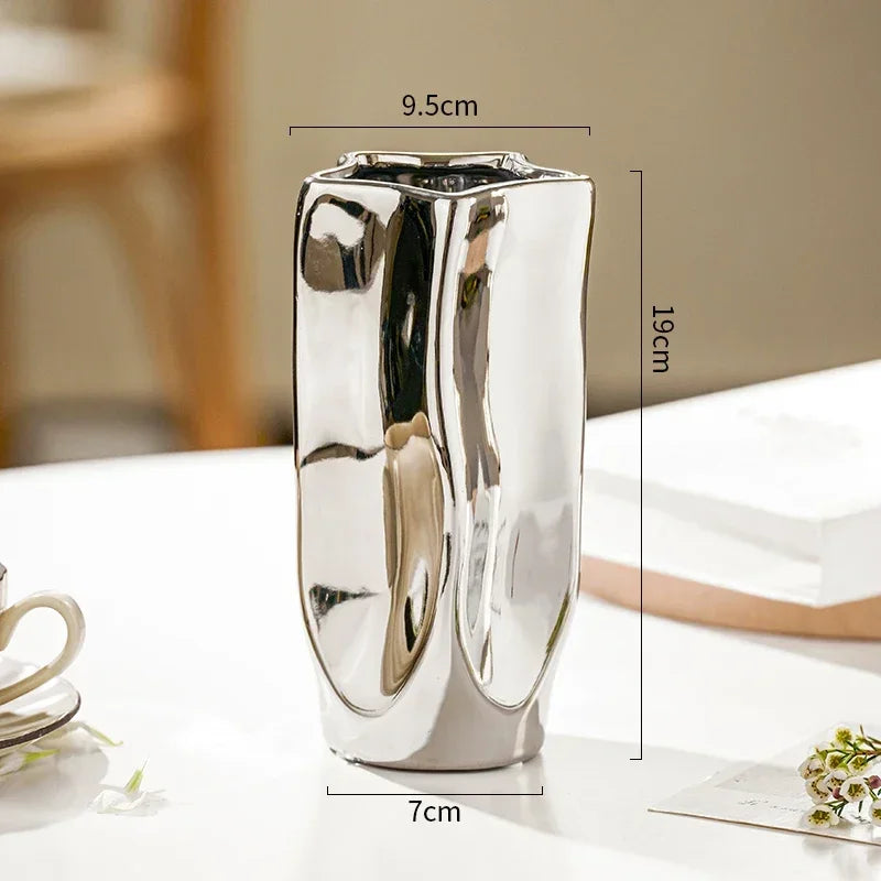 Ceramic Vase Luxury Electroplated Silver Flower Arrangement Irregular Porcelain Hydroponic Vase Ornament Interior Art Decoration