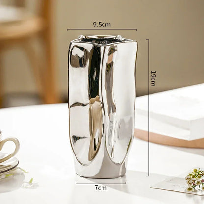Ceramic Vase Luxury Electroplated Silver Flower Arrangement Irregular Porcelain Hydroponic Vase Ornament Interior Art Decoration