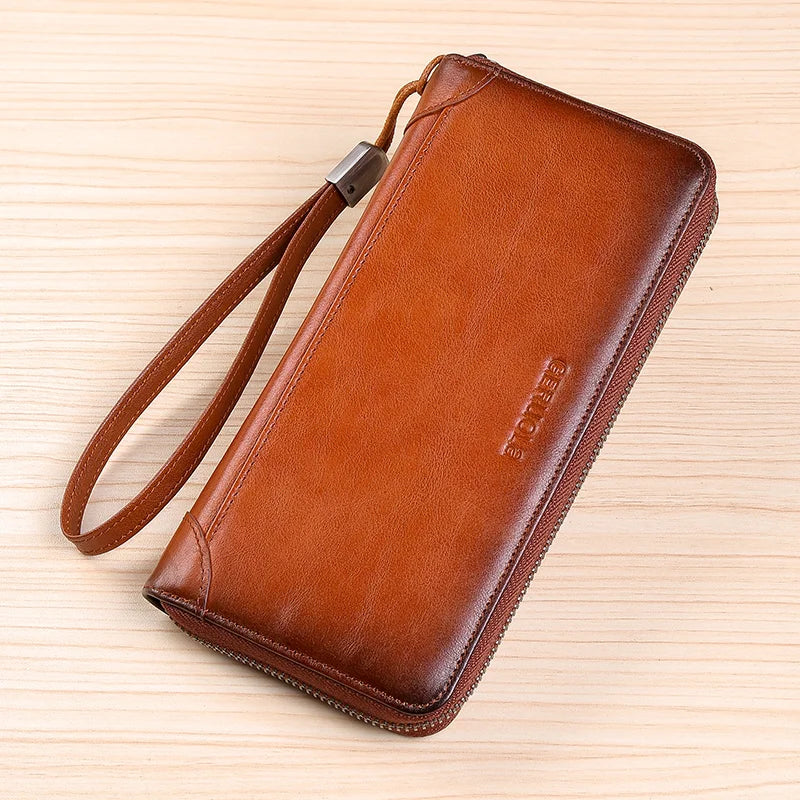 Men's leather wallet long new soft cowhide handbag travel light luxury simple large capacity anti-theft brush gradient color yel