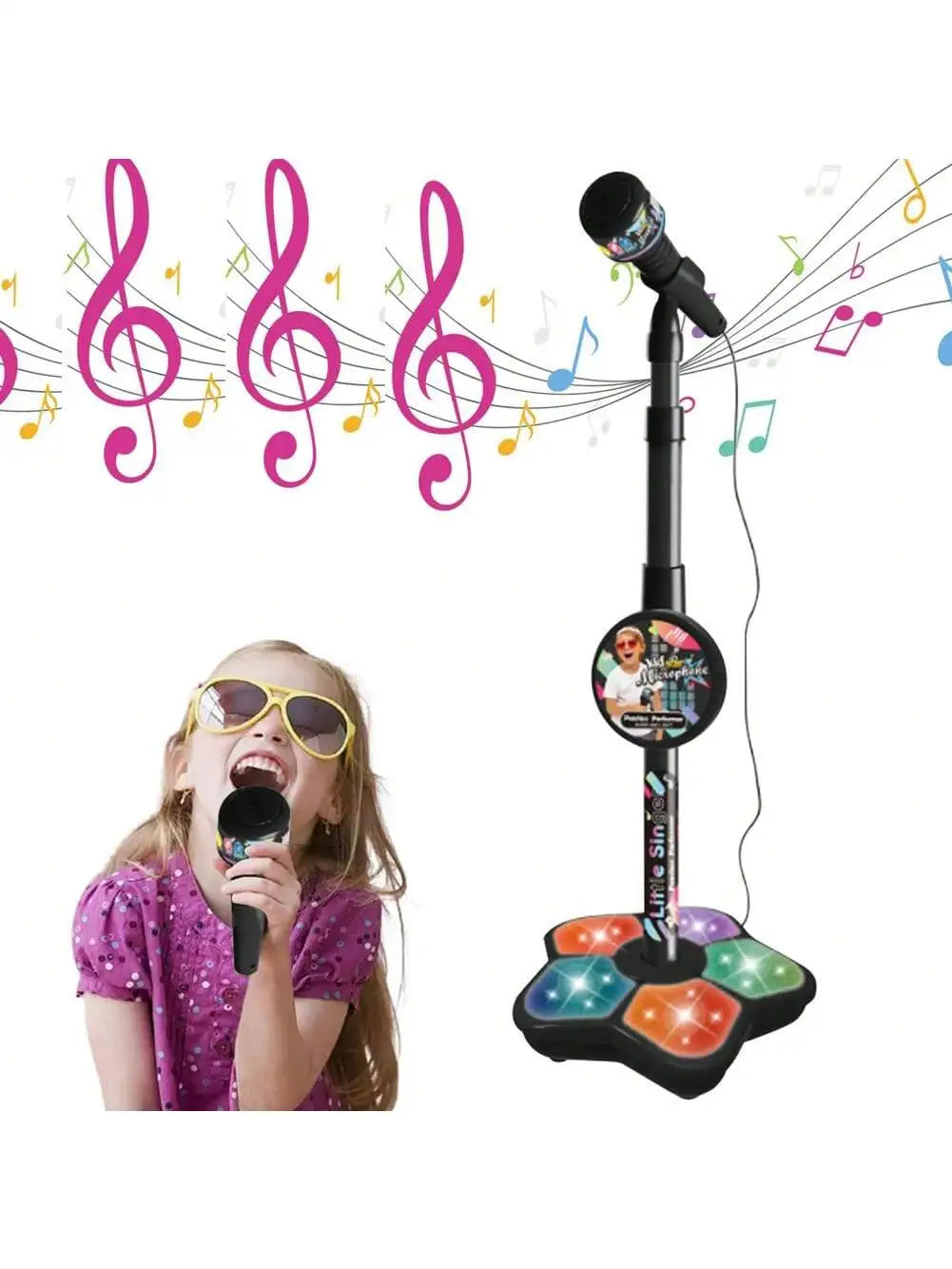 Children Singing Microphone Toy with Music Speaker Stand Light Up Karaoke Instrument for Kids Children Birthday Gift