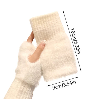 Autumn Winter Soft Mink Fleece Half Finger Gloves Women Plush Knitted Fingerless Gloves Wrist Mittens Driving Writting Gloves