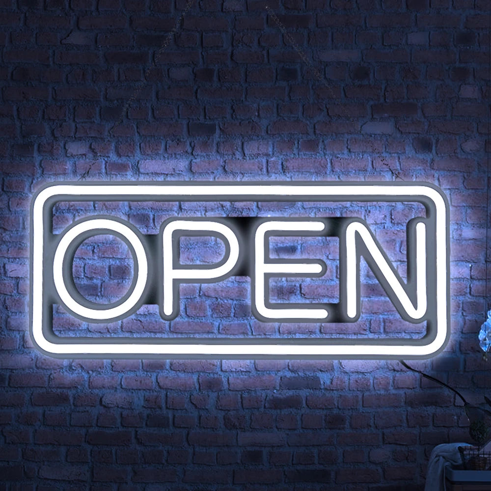 LED neon lights, store business signs, blue flashing lights, OPEN signs for shops and bars